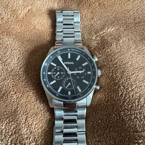Fossil Men's Silver Stainless Steel Watch with Black Dial